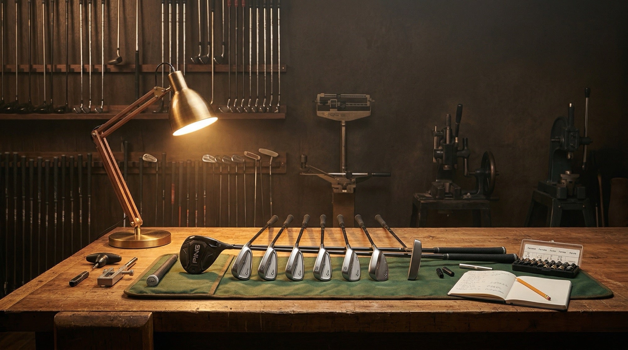 Club inspection workbench with irons laid out under lamp