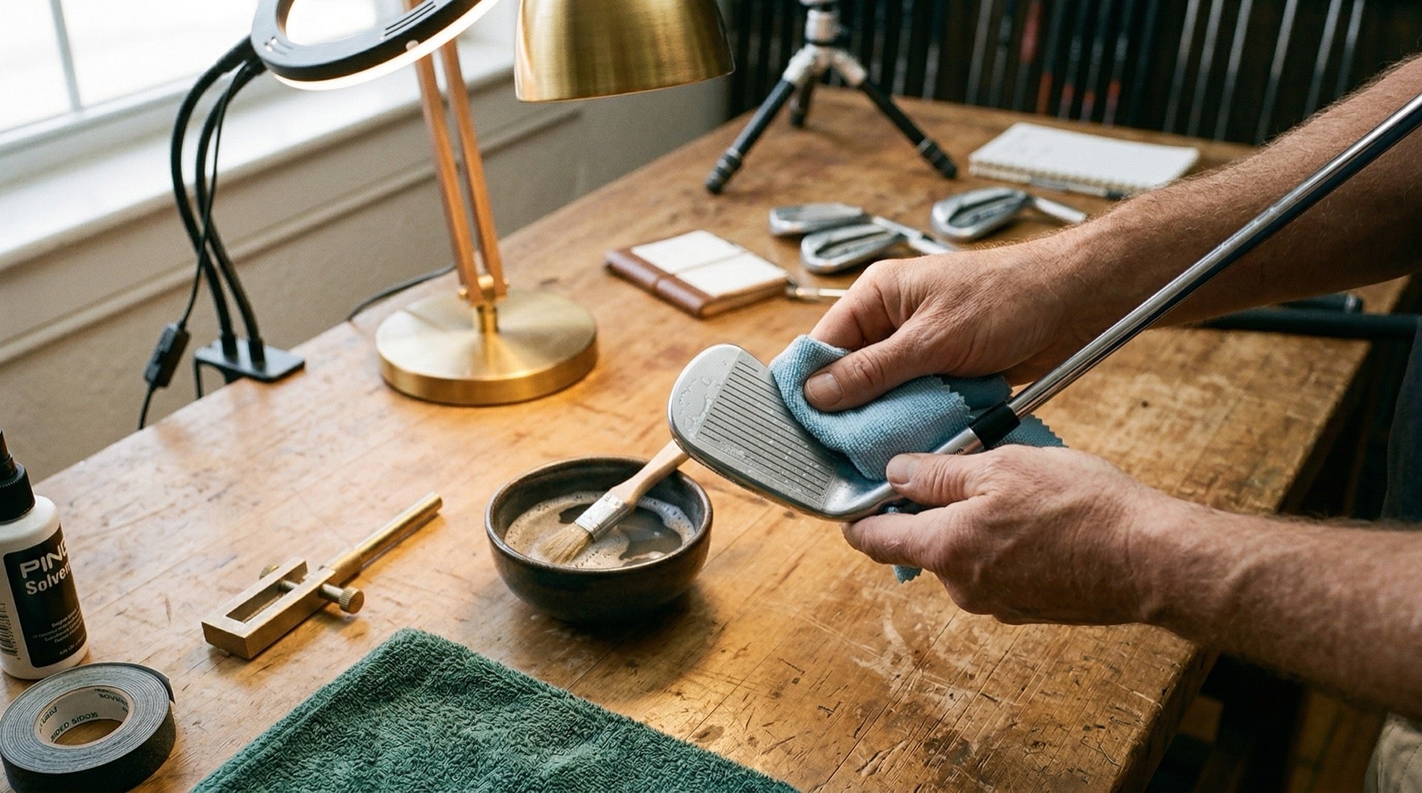 Cleaning iron face with cloth at workbench